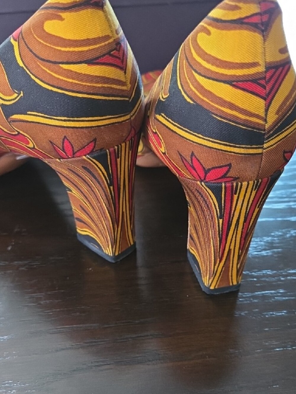 Prada Multicolor Floral Block Heel Pumps - Red, Brown, Gold - Picture 4 of 8